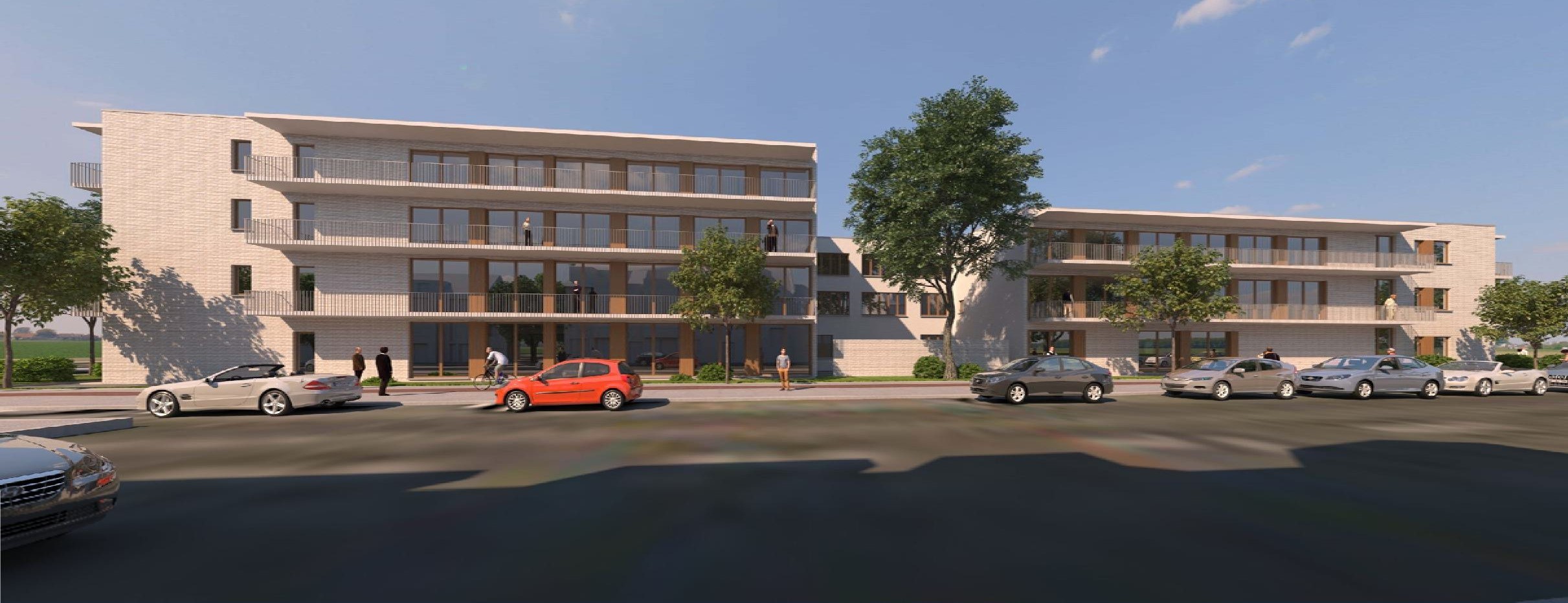 Visualisierung zweier moderner Wohngebäude mit heller Klinkerfassade und durchgehenden Balkonen. Vor den Gebäuden parken Autos, Menschen gehen auf dem Gehweg, Bäume und Sträucher säumen die Straße, sonniges Wetter.

              